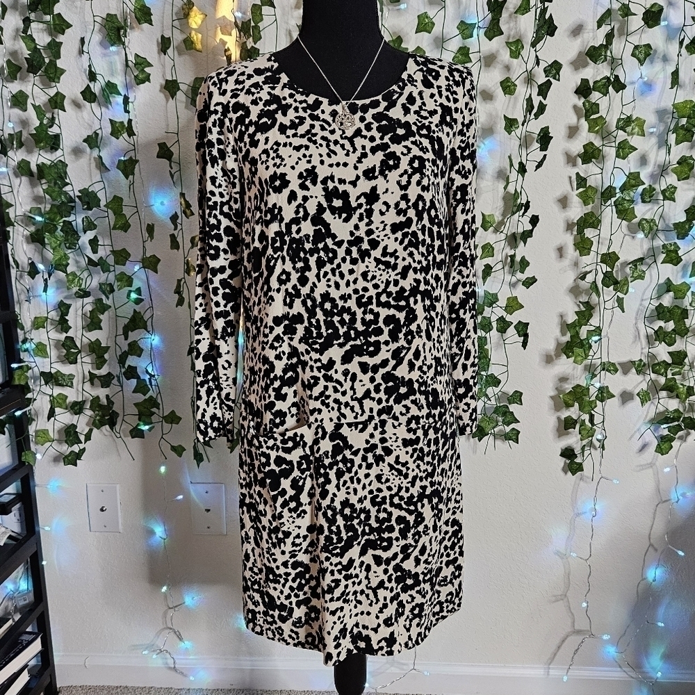 J. Crew Snow Leopard Print Crewneck 3/4 Sleeve Front Pocket Sheath Dress
